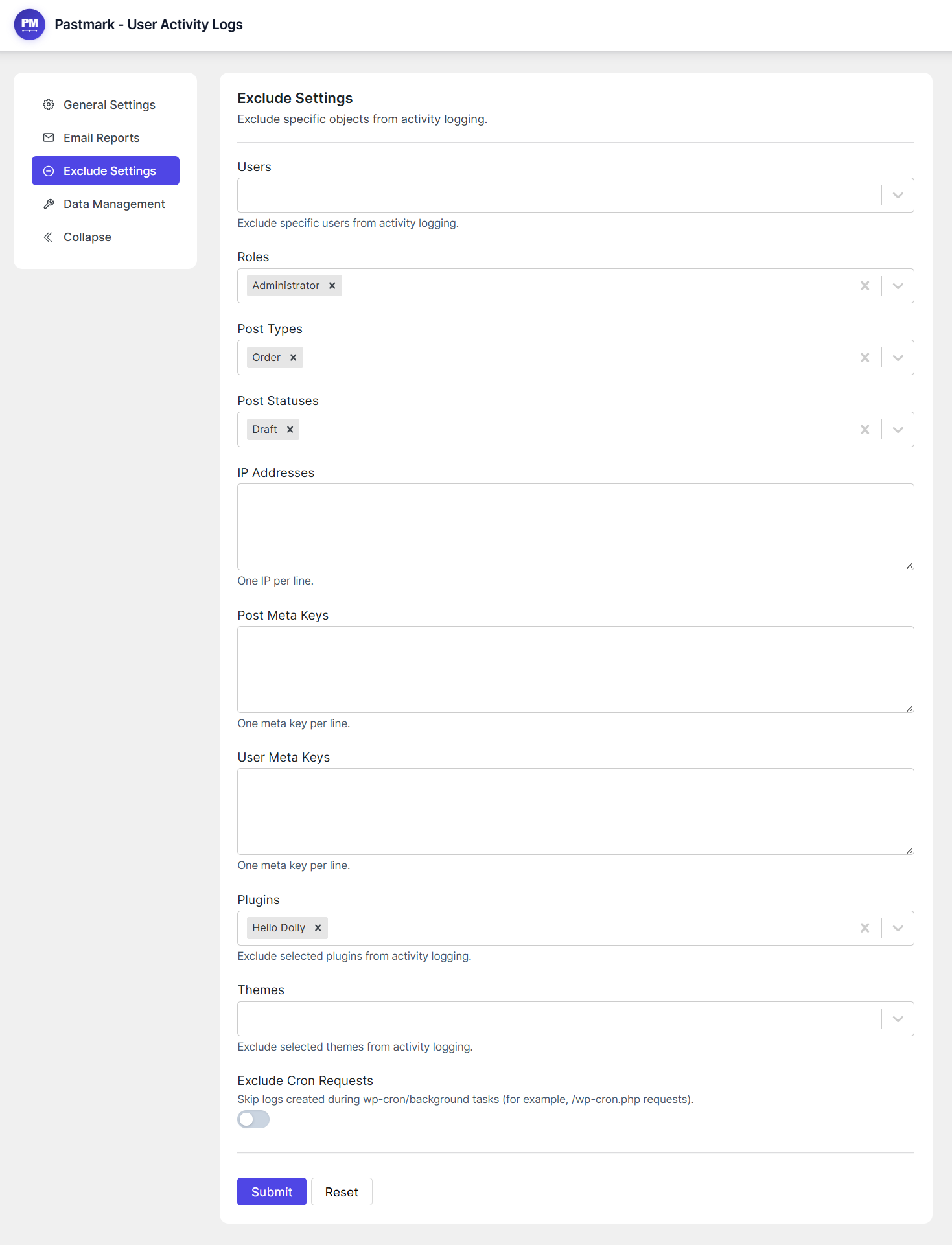 Log Exclude Settings