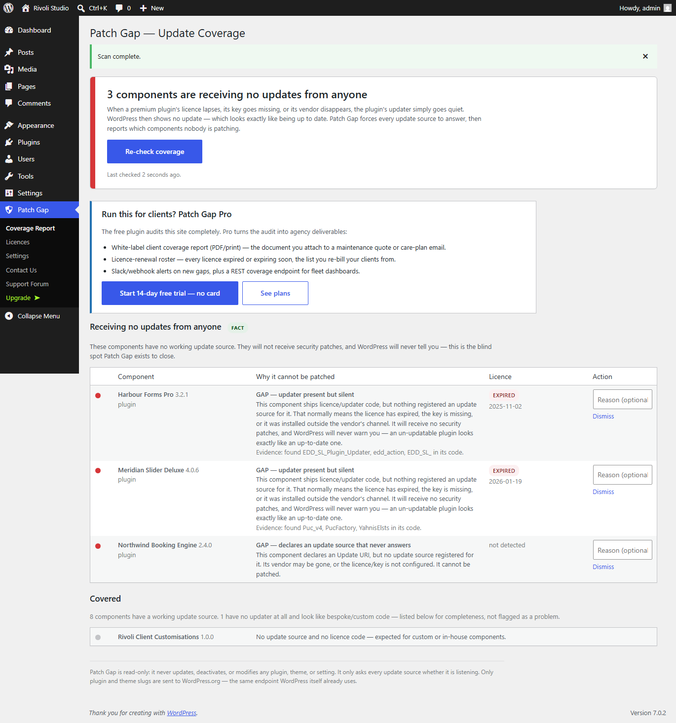 The coverage report: which components nobody is patching, and why