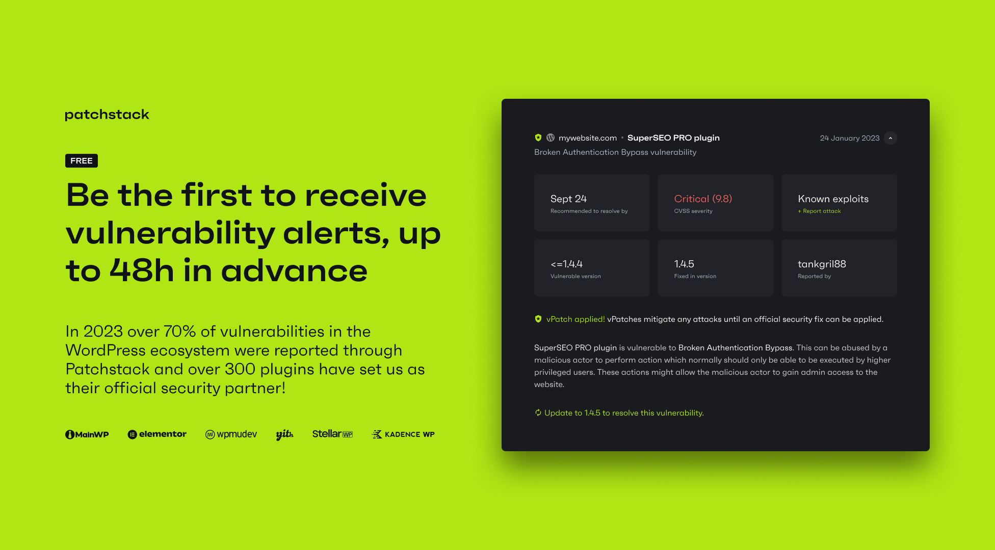 Patchstack security - be the first to receive notifications of new plugin vulnerabilities