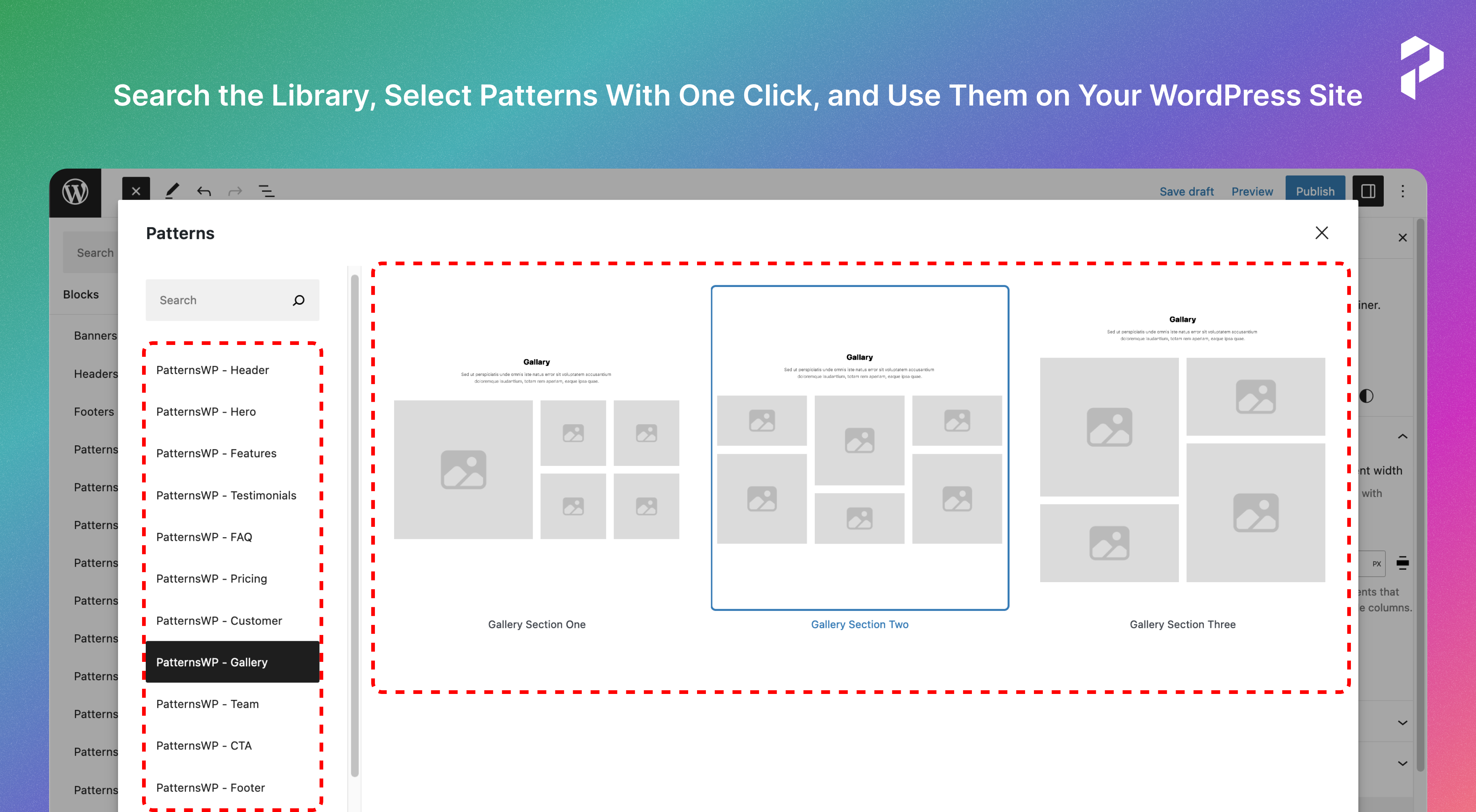 Search the Library, Select Patterns With One Click, and Use Them on Your WordPress Site