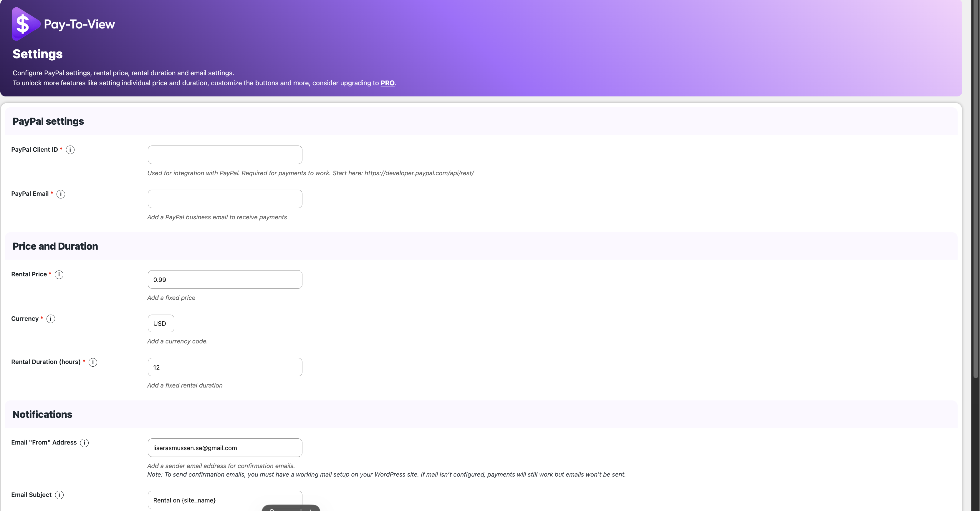 Pay-To-View Lite settings for PayPal, currency, rental price, and rental duration.