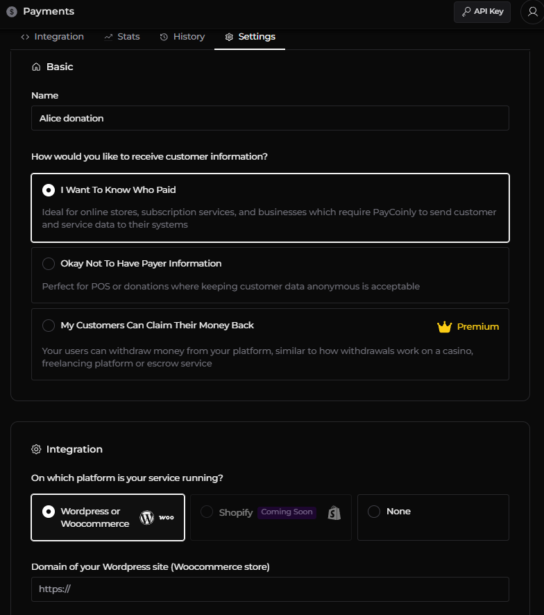 Paycoinly Dashboard (payment settings)