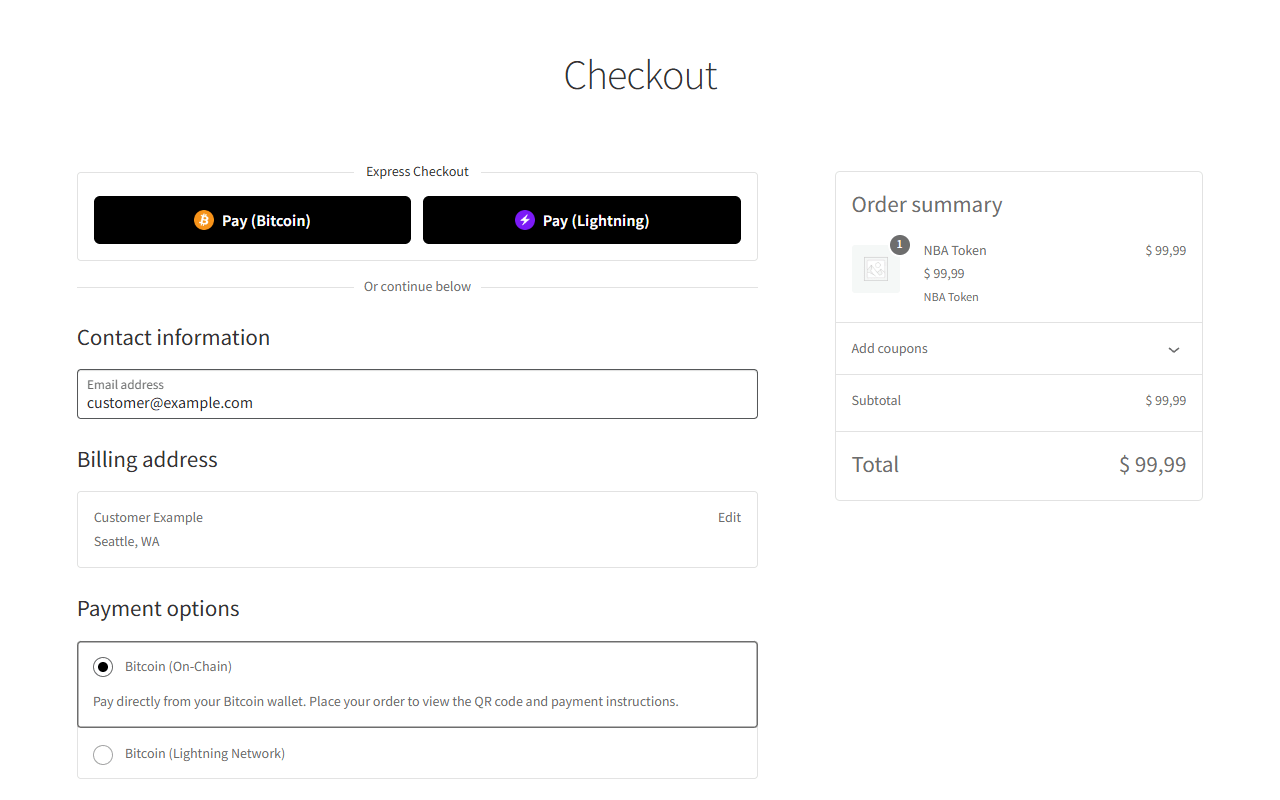 Checkout page with the Bitcoin On-Chain and Lightning payment options