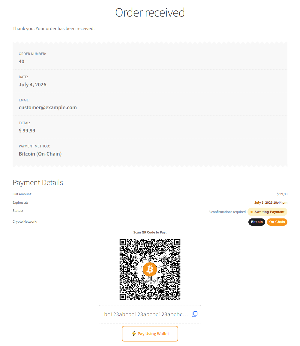 Thank you / order-received page showing the payment QR code and address