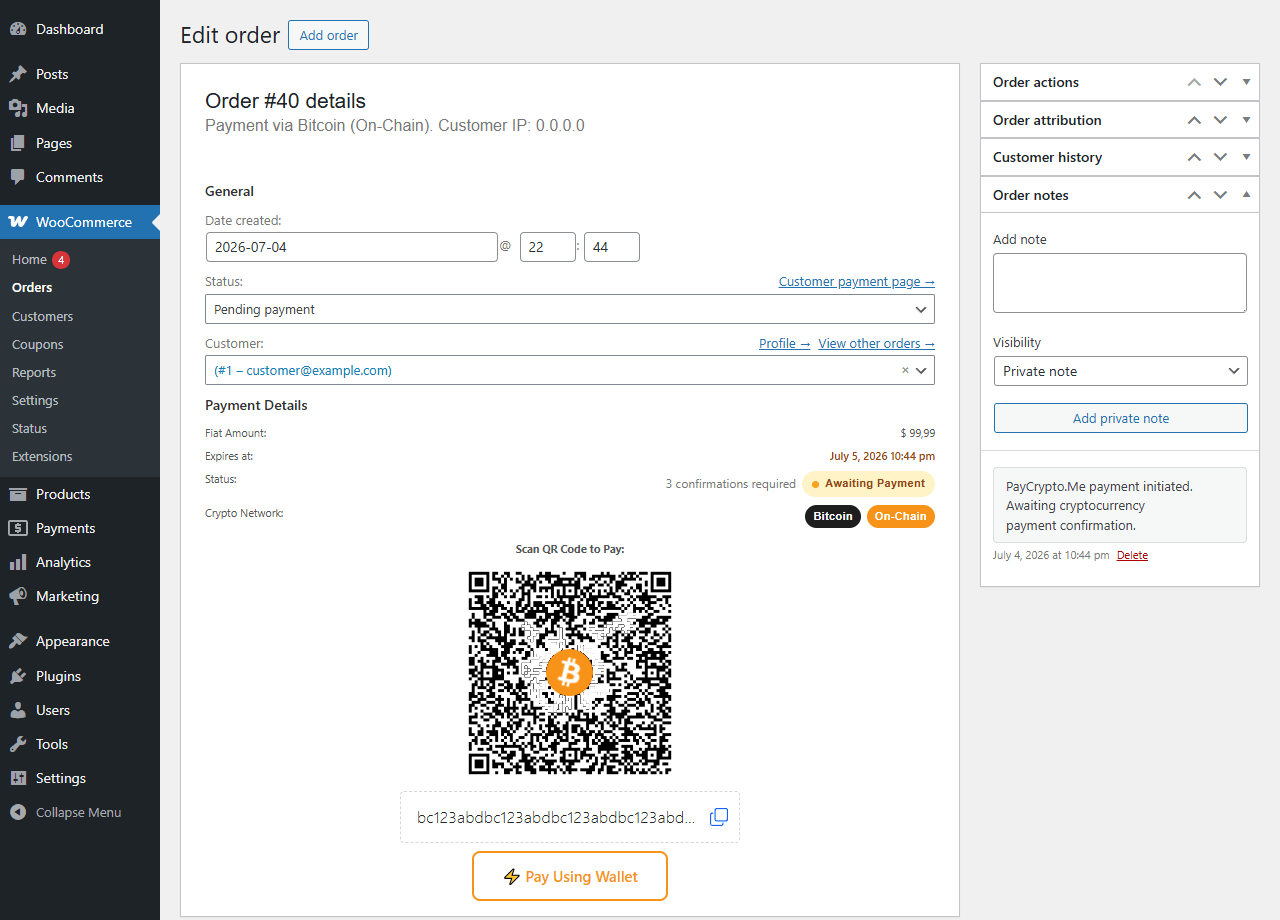 Admin order screen showing the same payment details for support and reconciliation