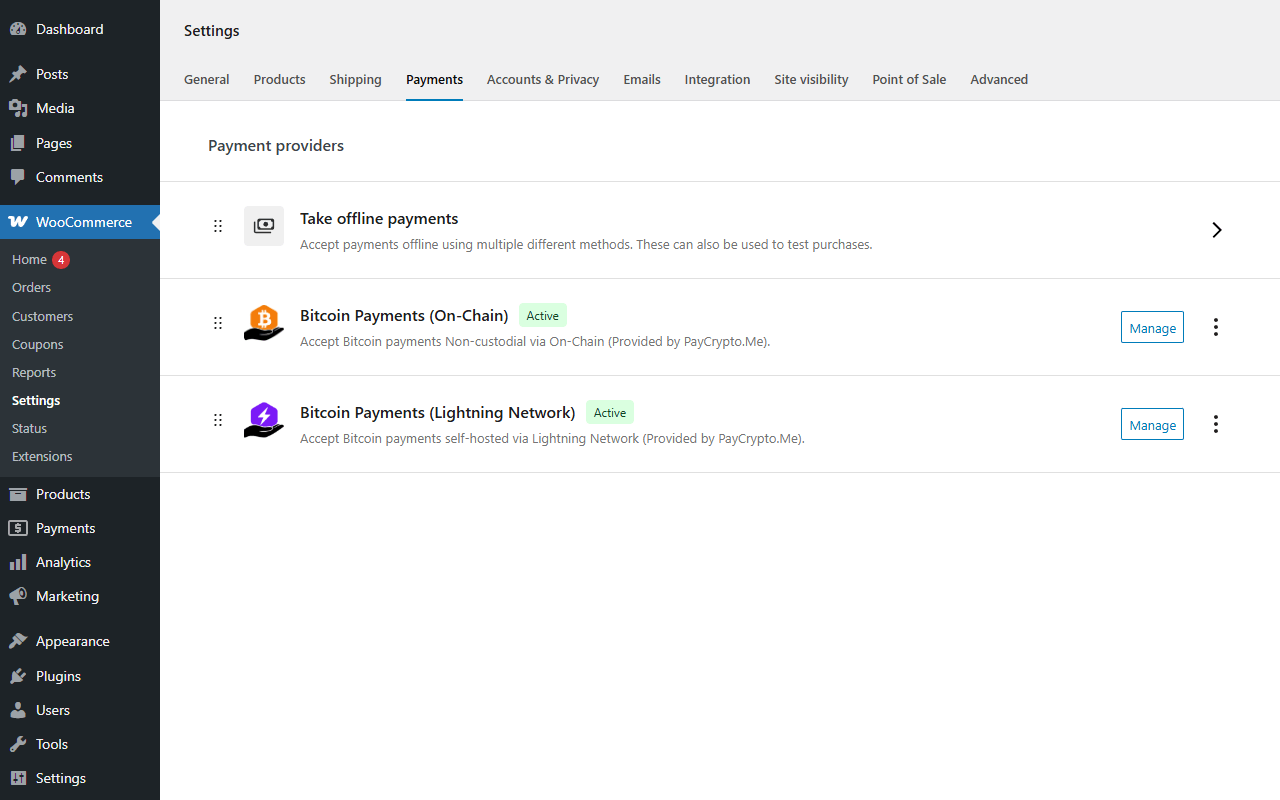 WooCommerce → Settings → Payments listing both PayCrypto.Me gateways