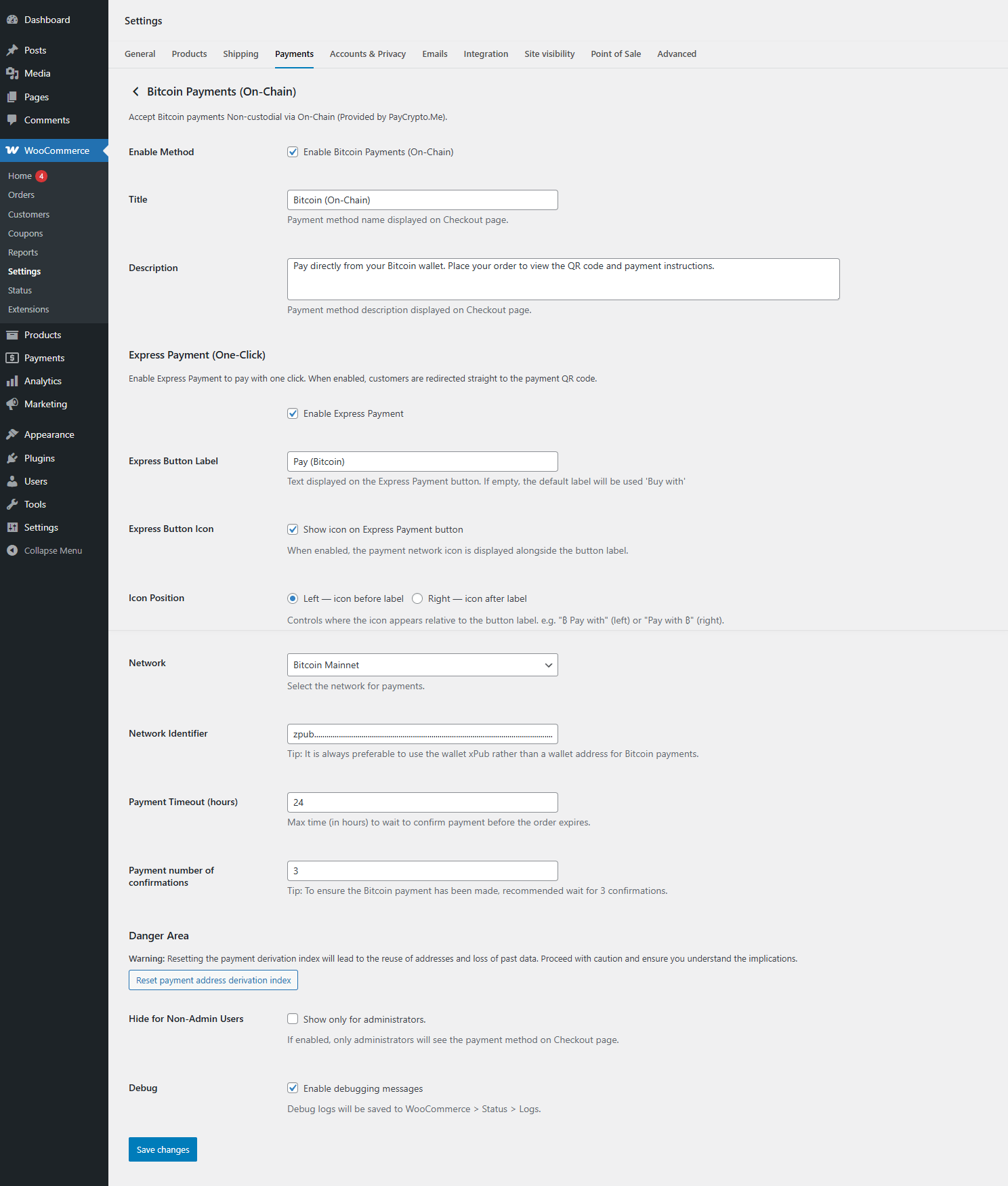 Bitcoin On-Chain gateway settings (network, xPub, timeout, confirmations)