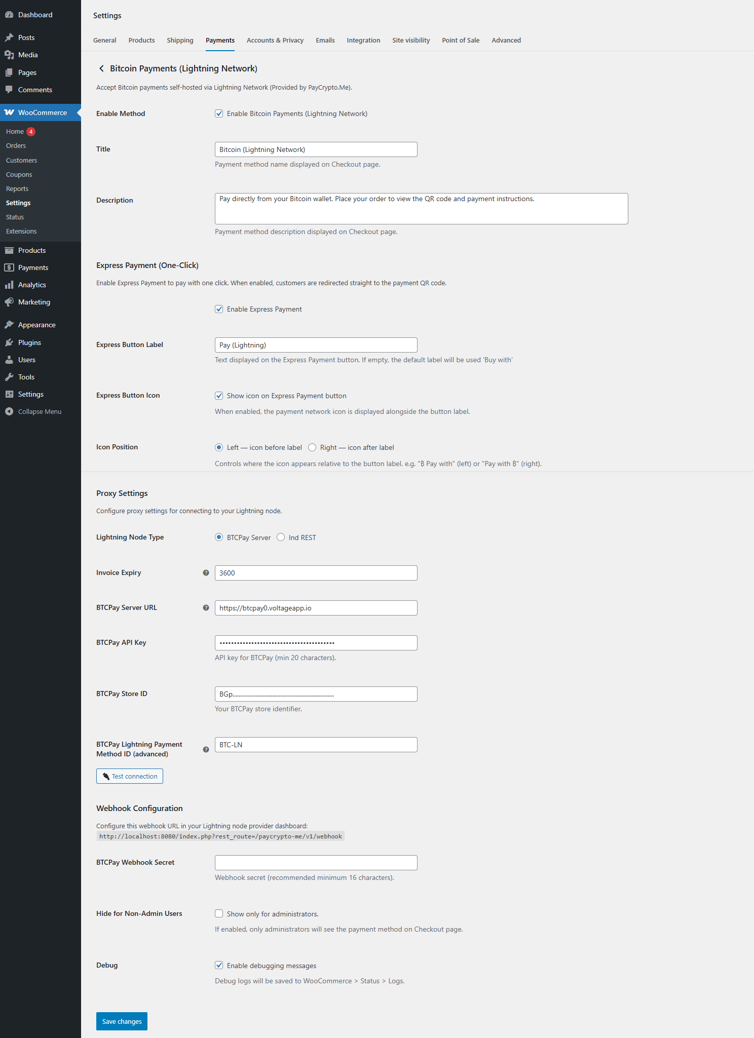 Bitcoin Lightning gateway settings (node type, connection details, test connection button)