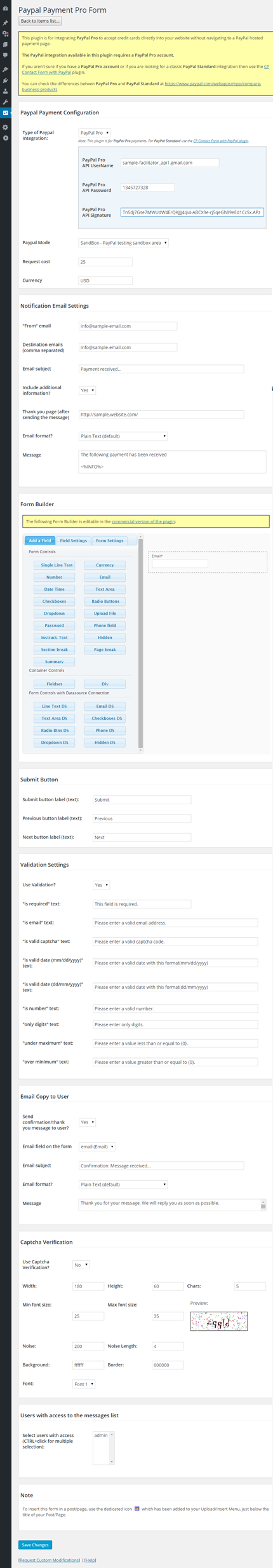 PayPal Pro Form Settings