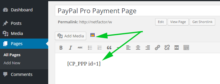 Inserting a PayPal Pro form into a page