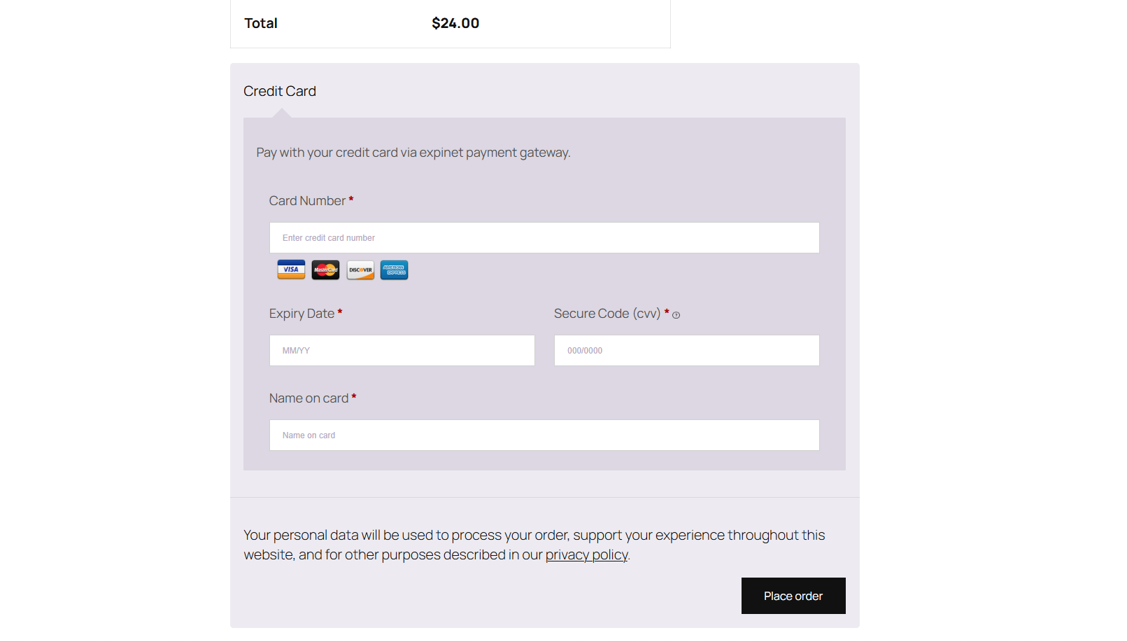 Credit card payment form on checkout page