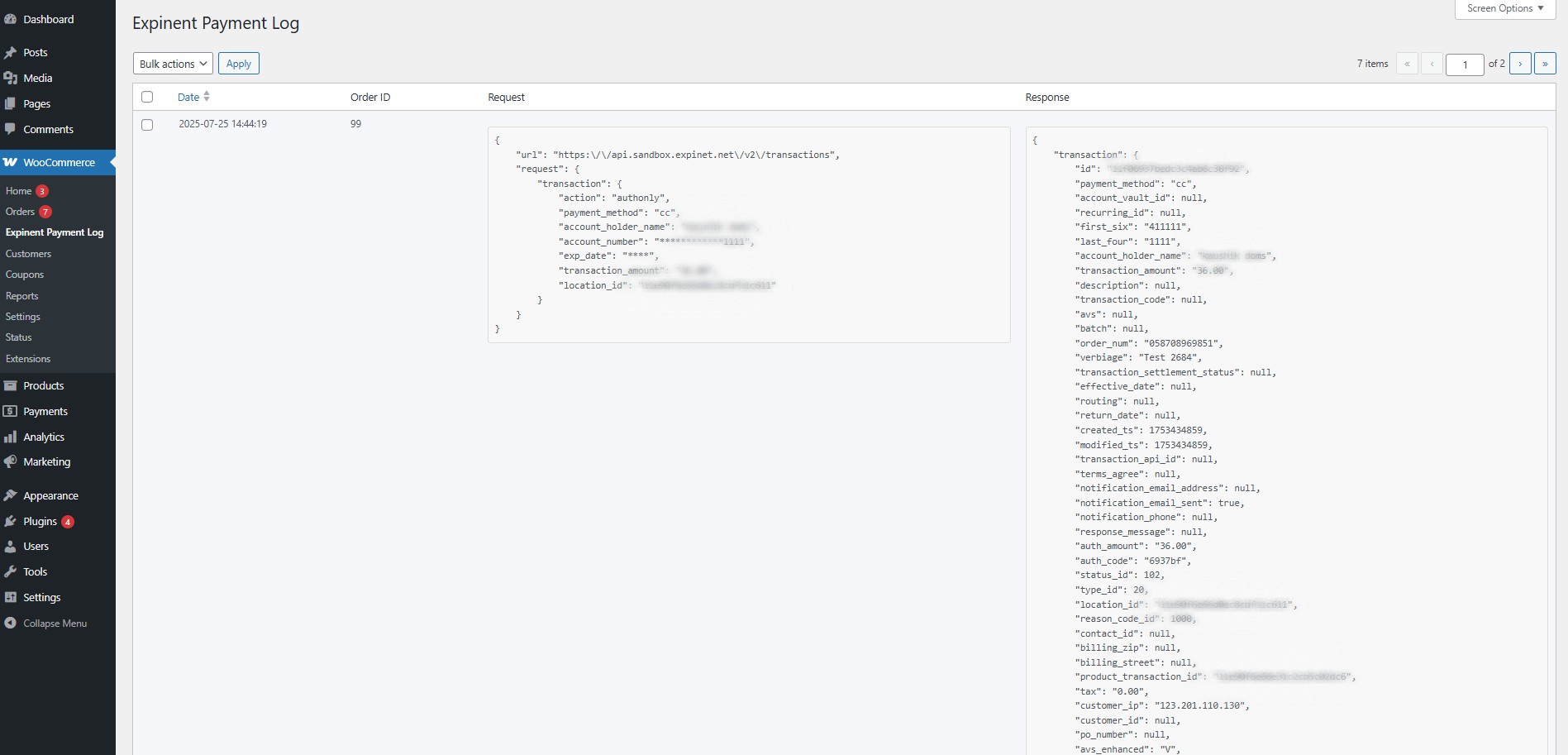 Expinet payment log listing in admin