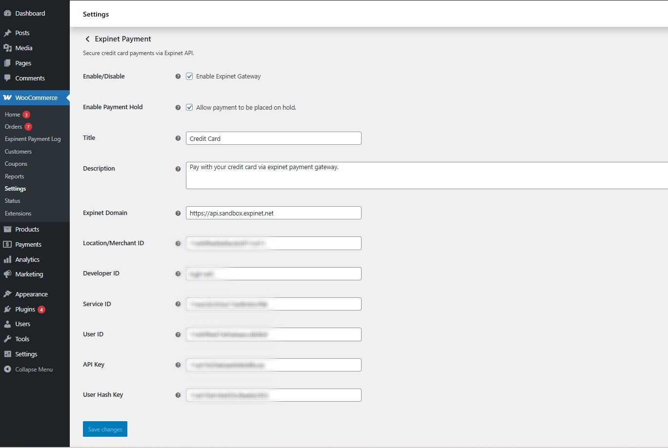 Expinet payment credentials settings in admin