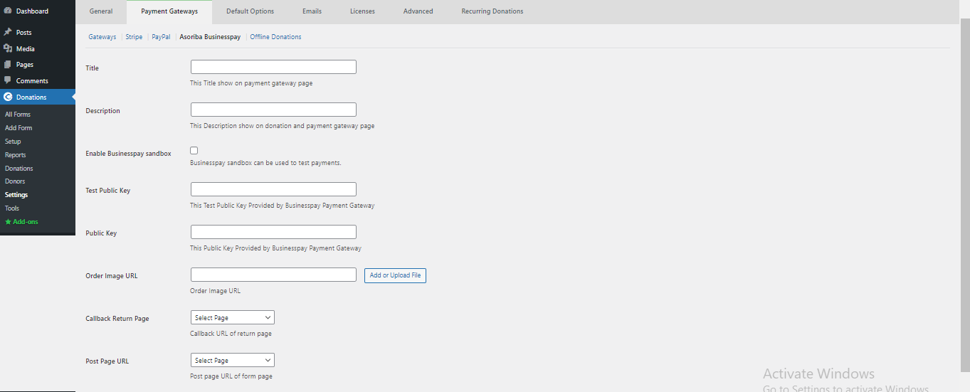 <p>Asoriba Businesspay Payment Gateway Account configuration page #1</p>