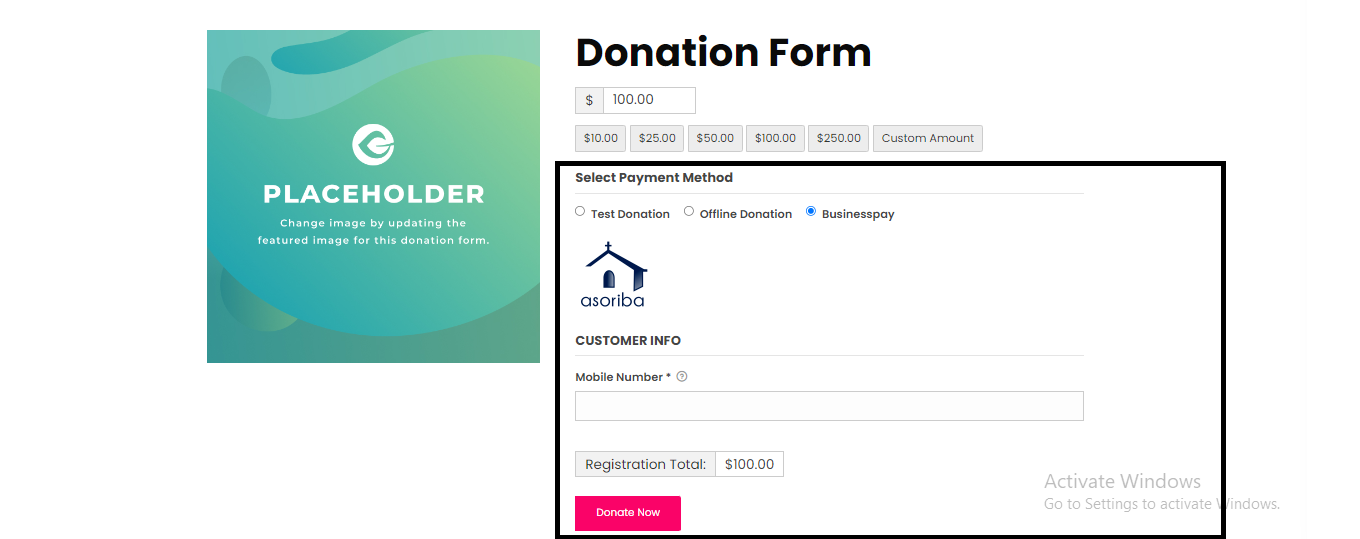 <p>Display Asoriba Businesspay Payment Gateway option in Donation Form #3</p>