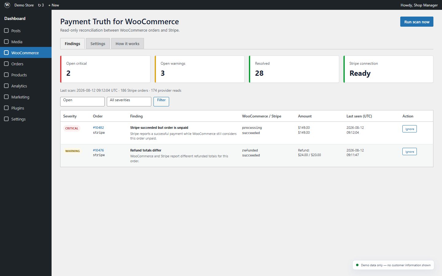 Reconciliation dashboard with severity totals and provider readiness.