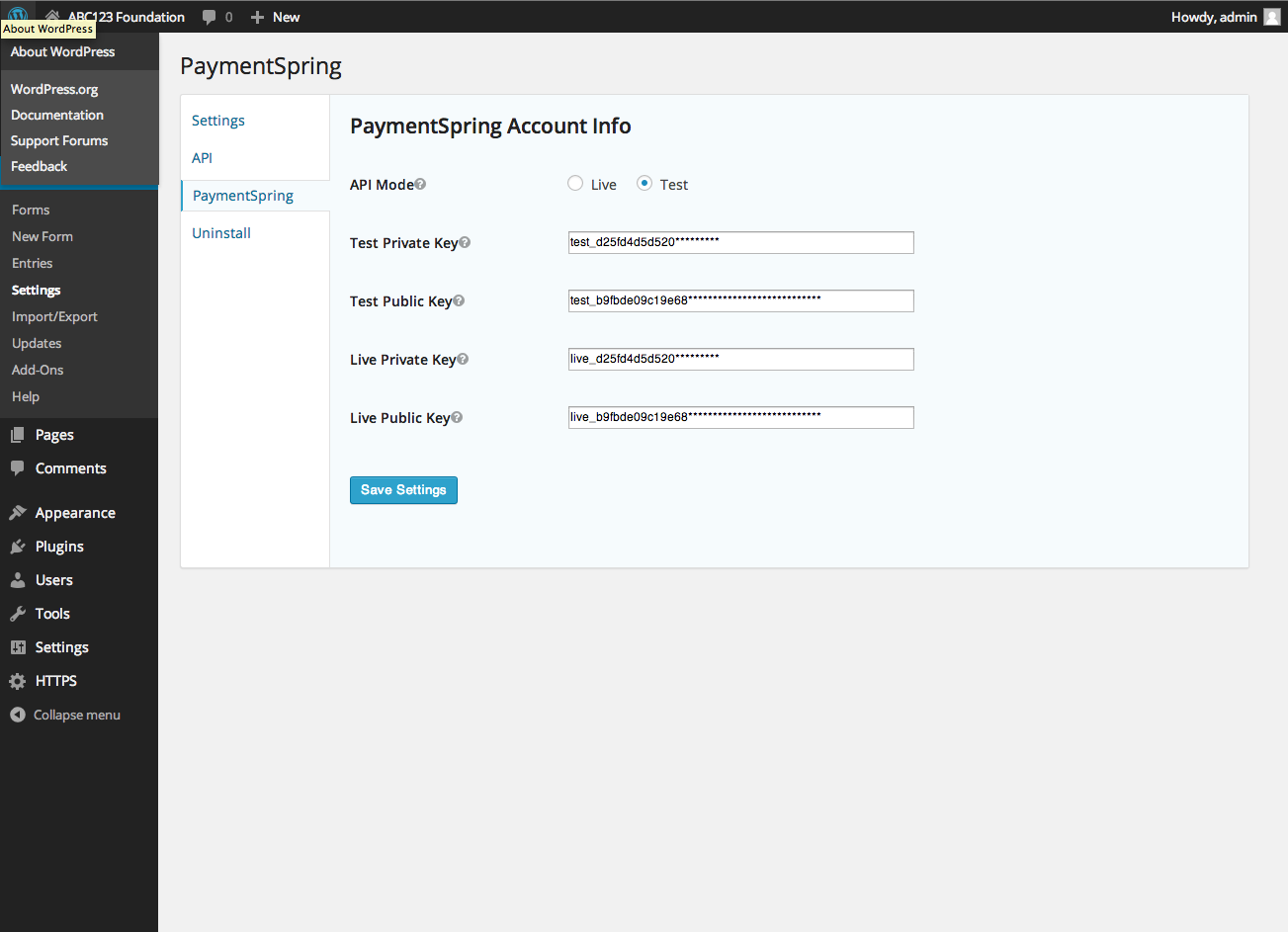 Settings page