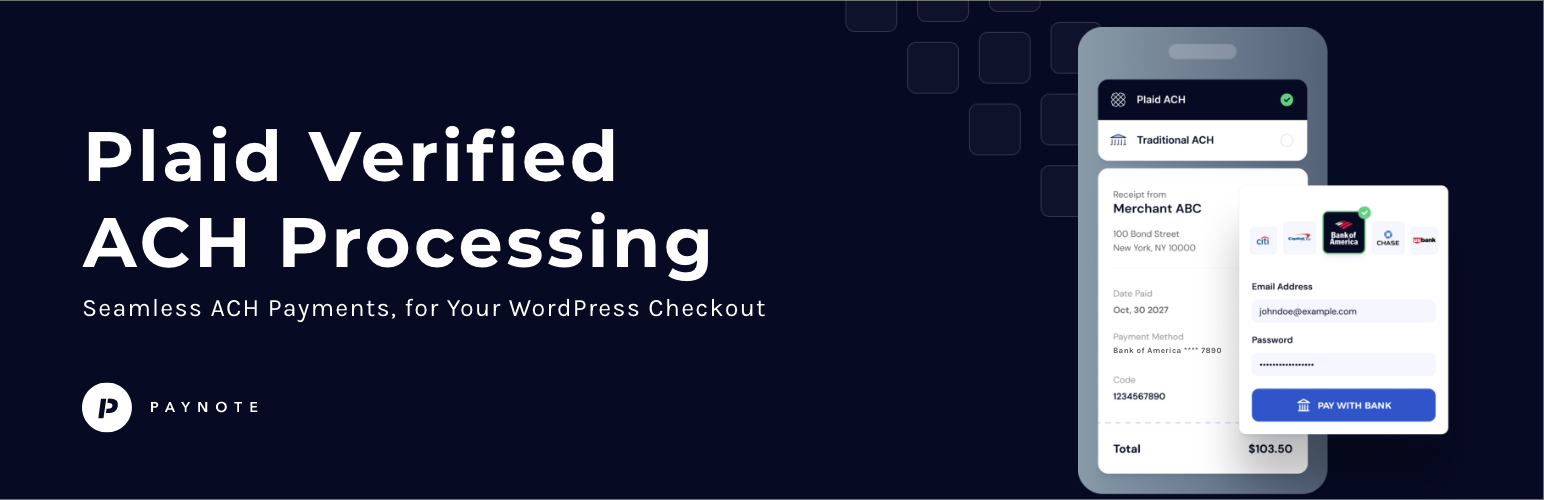 WordPress 外掛 Paynote for WooCommerce – Simplify Plaid-Verified ACH Payments 的封面圖片。