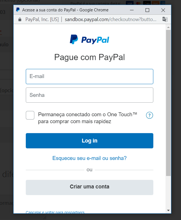 Tela de acesso da conta PayPal.1. Exemplo de dados não preenchidos no tema Storefront.