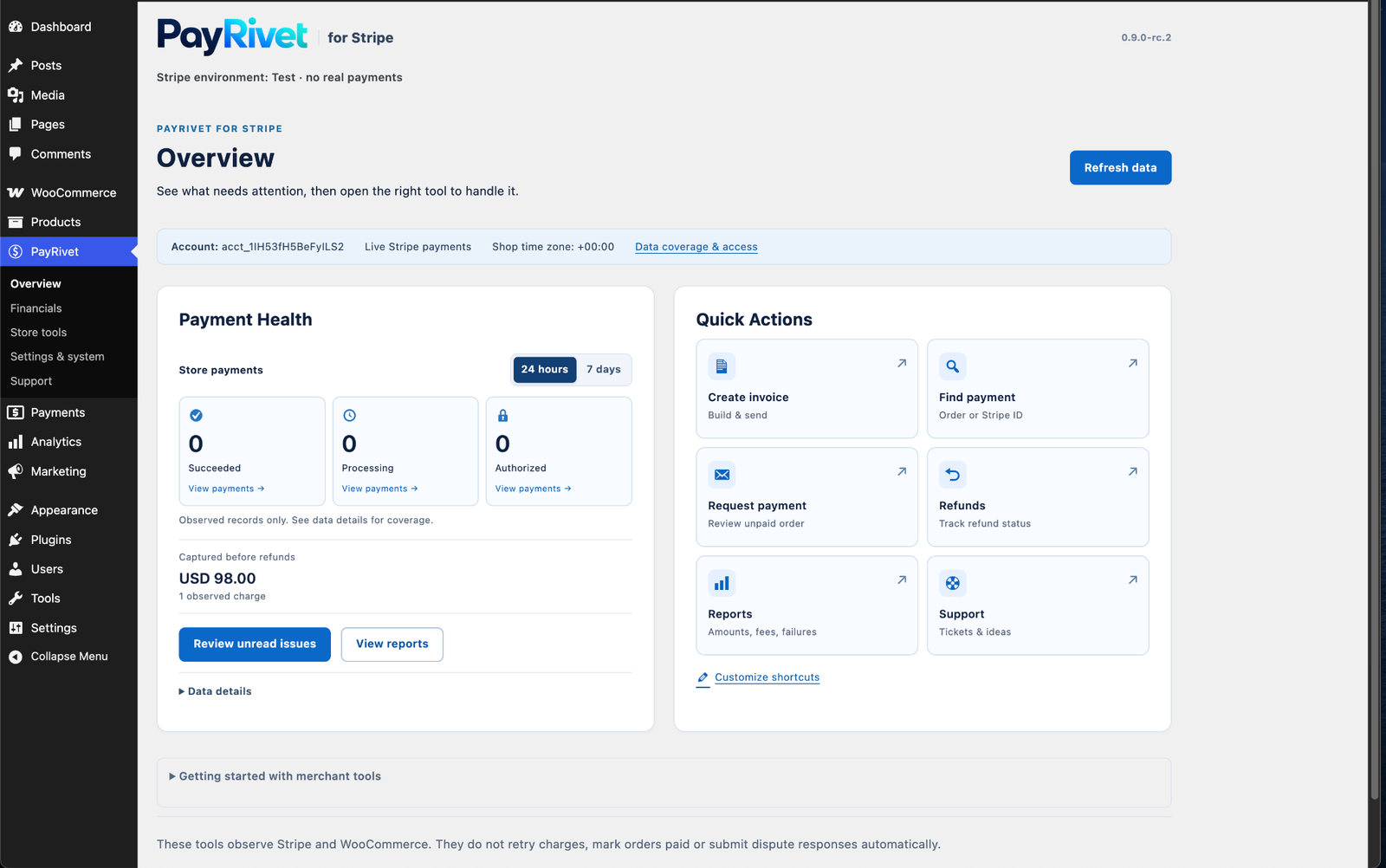 PayRivet Overview combines Payment Health, captured totals, coverage details and common payment actions in one WooCommerce admin view.