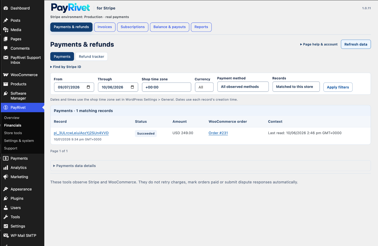 Review PayRivet payments in WooCommerce with status, amount, order matching and store-time filters.