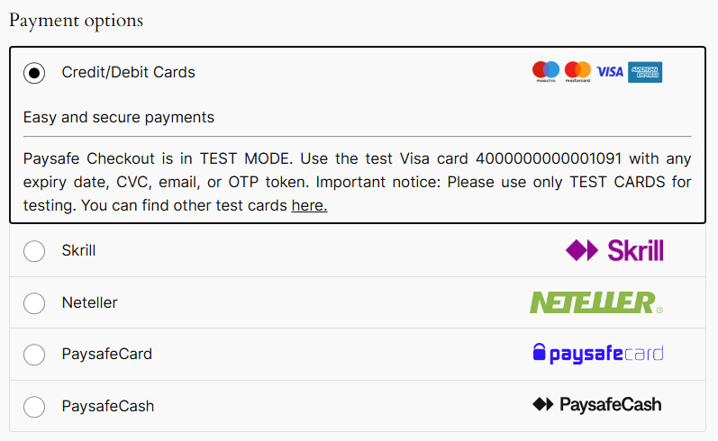 Example of a checkout page using a redirection integration type. Both card payments and alternative payment methods (APMs) are supported.