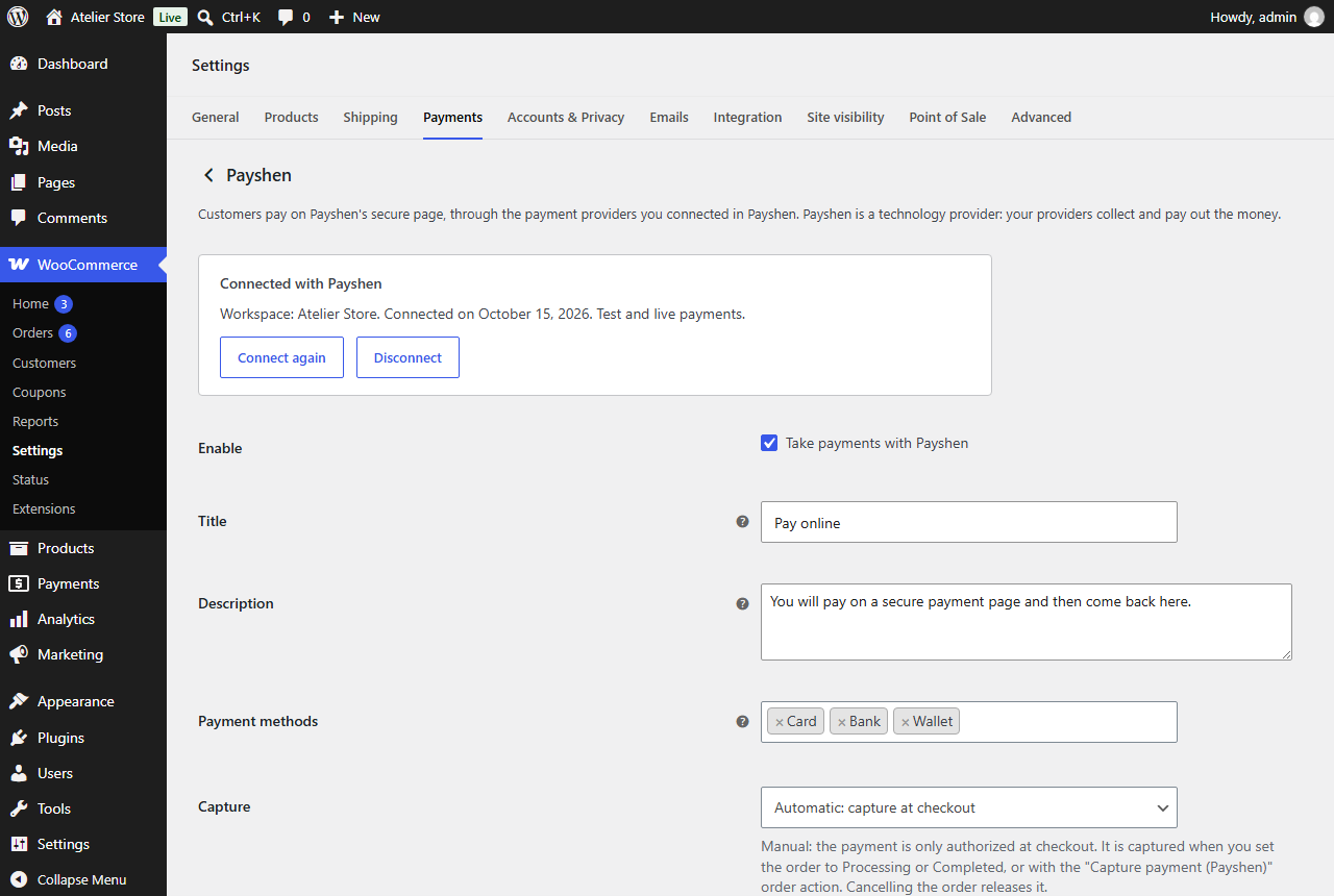 Plugin settings: Connect with Payshen, test mode, payment methods and capture.