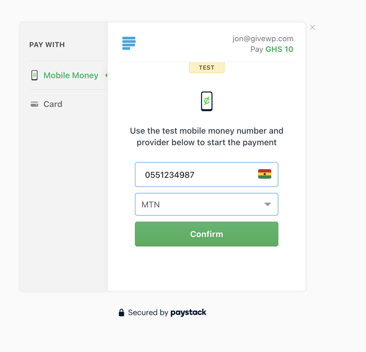 Paystack payment interface with Mobile Money option