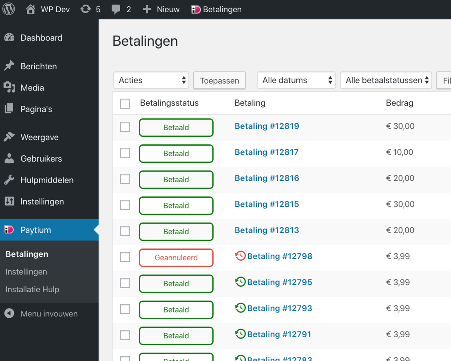 <strong>Review all payments and their status</strong> - Check the status of all payments directly in the WordPress admin. Use the built-in "Order Status" to keep track of your own processing directly in WordPress.