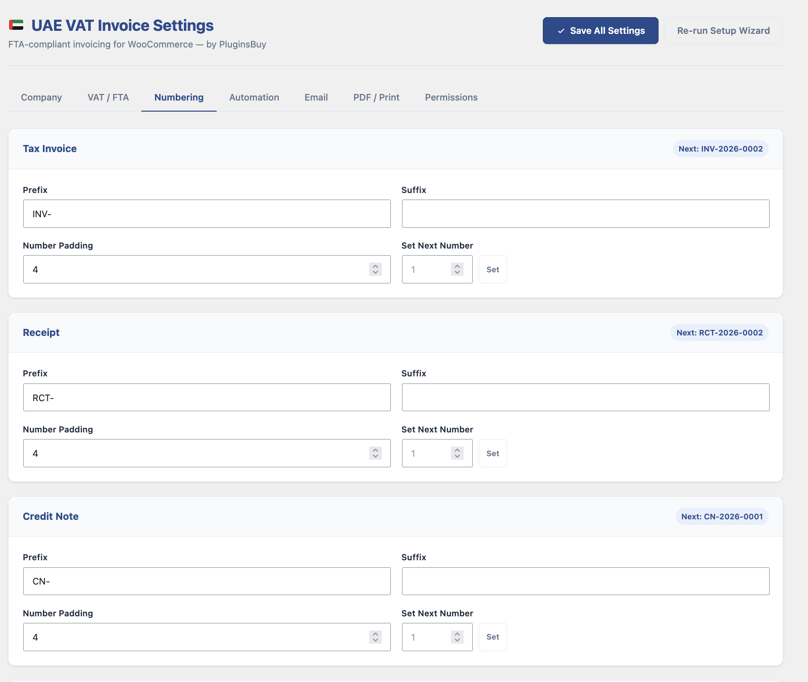 One of the settings page to set documents sequencing numbers.