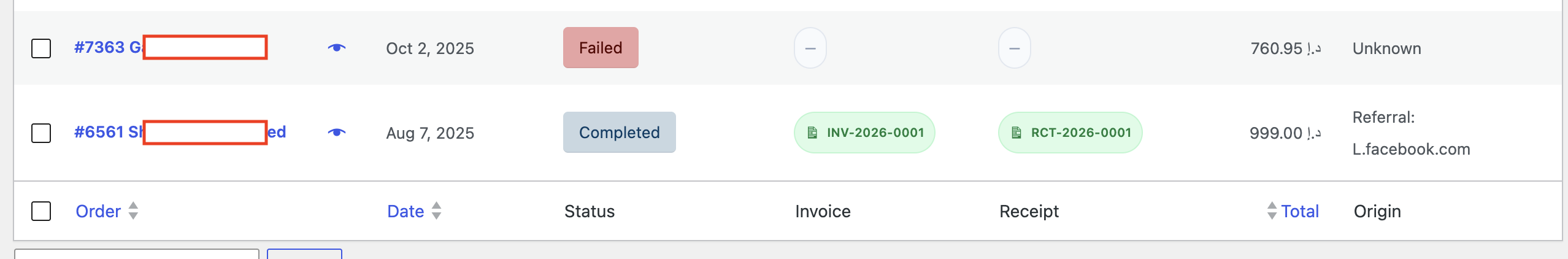 Details of generated documents in list of orders.