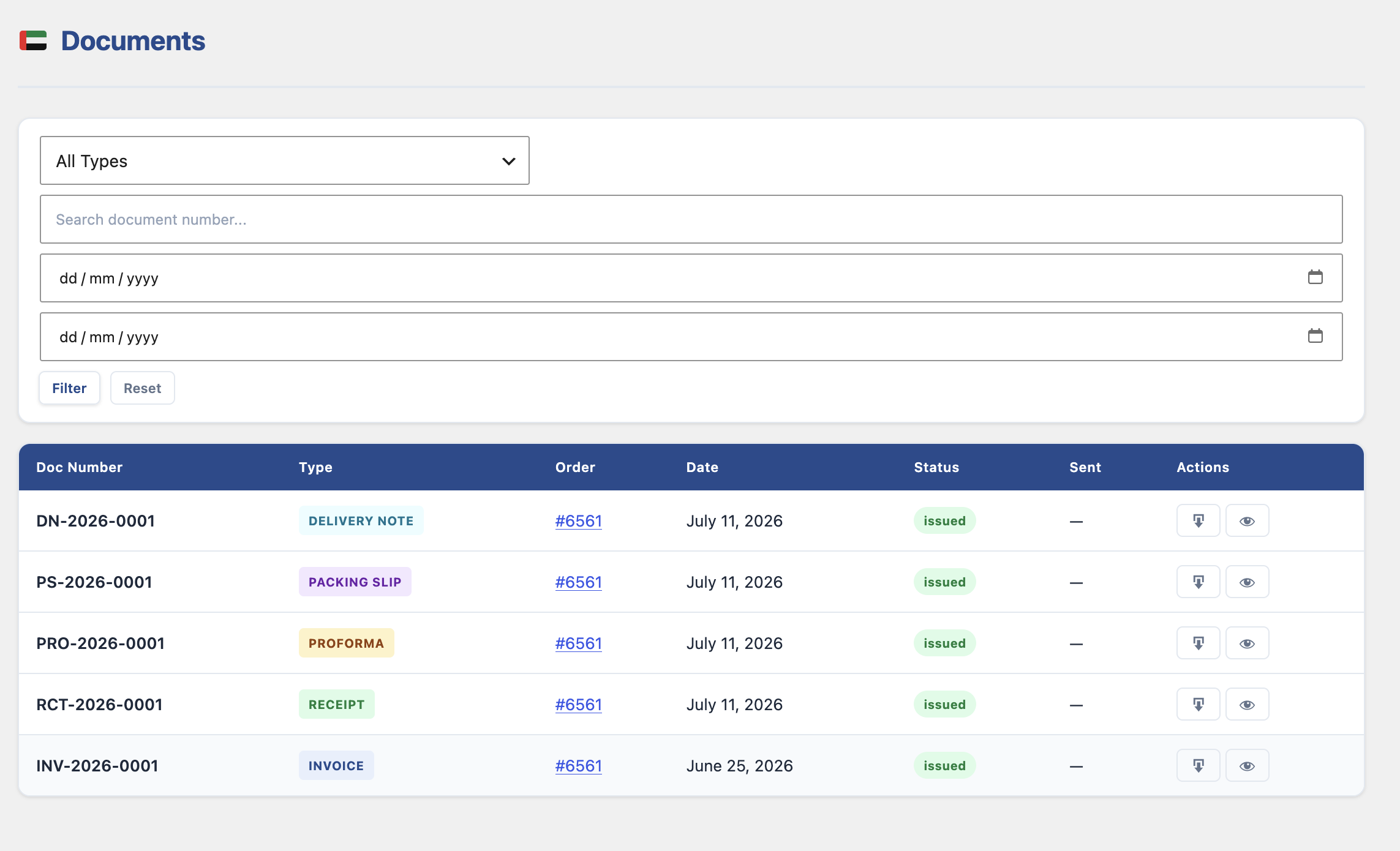 Documents generated filter and listing page.