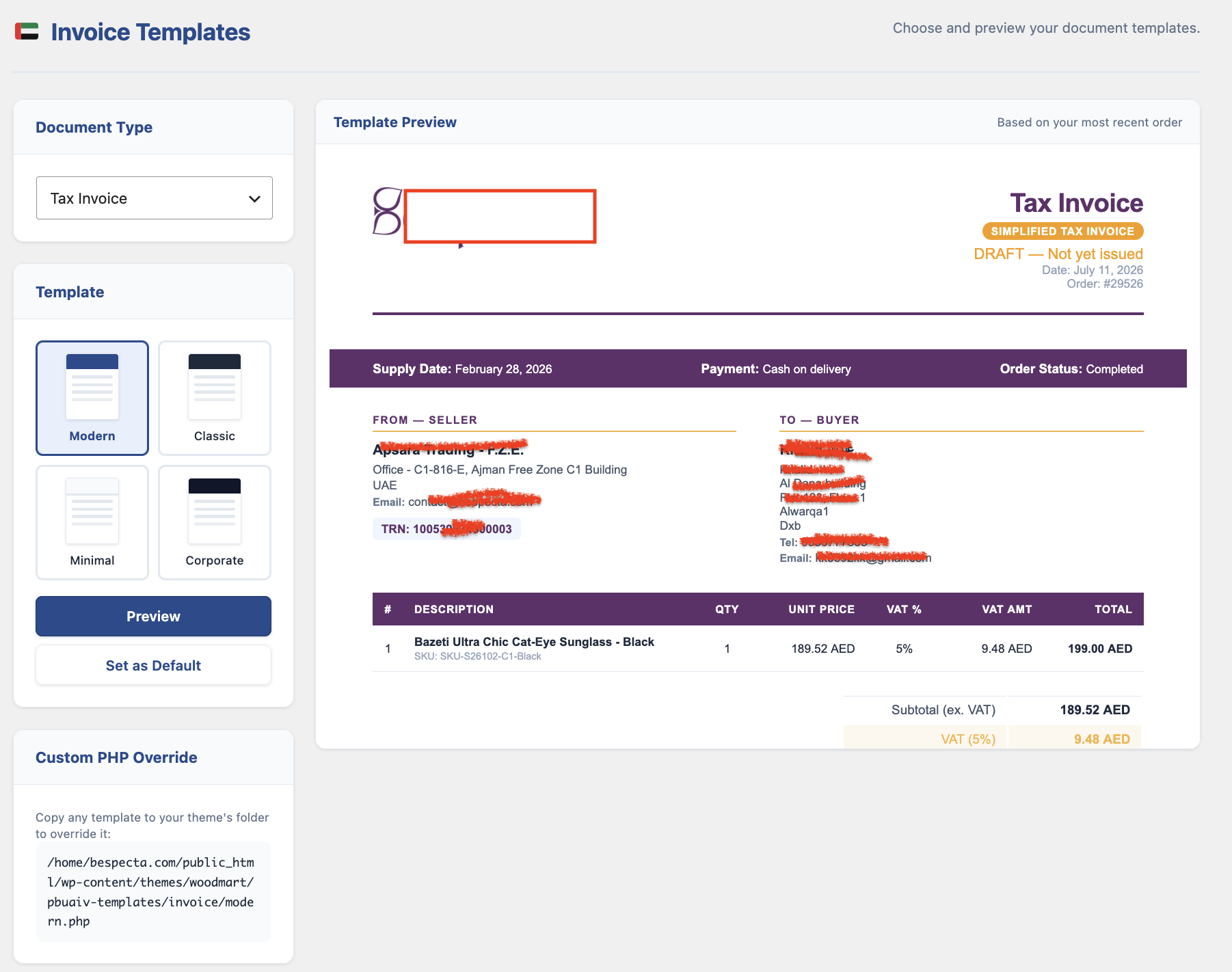 Setup, select and preview few templates of the invoice.