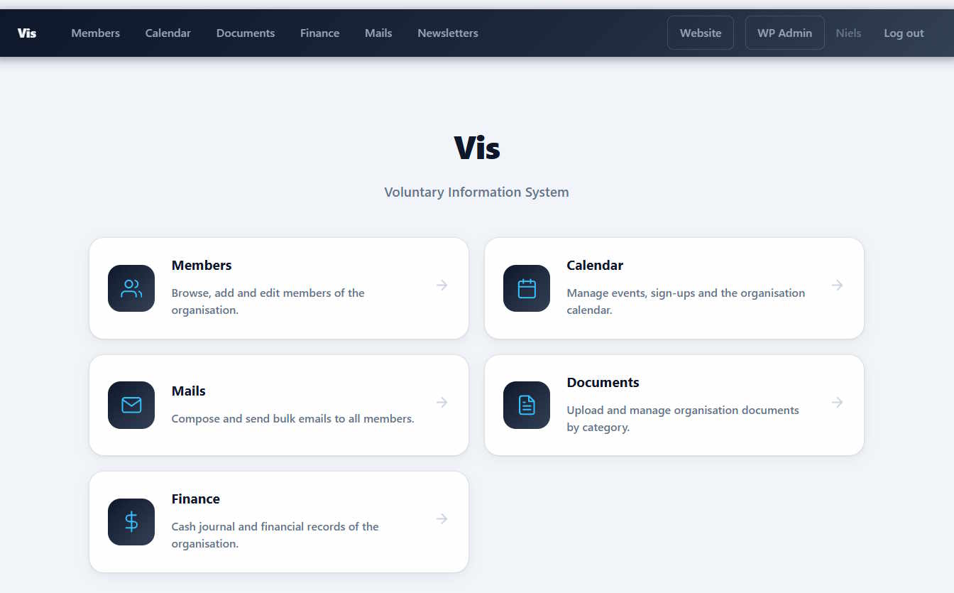 Landing page with tiles for each section in the application