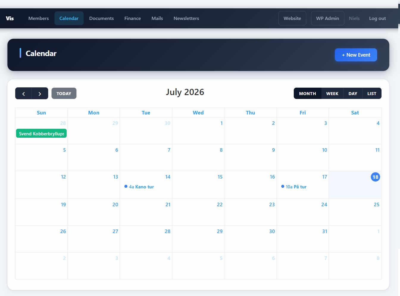 The calendar page