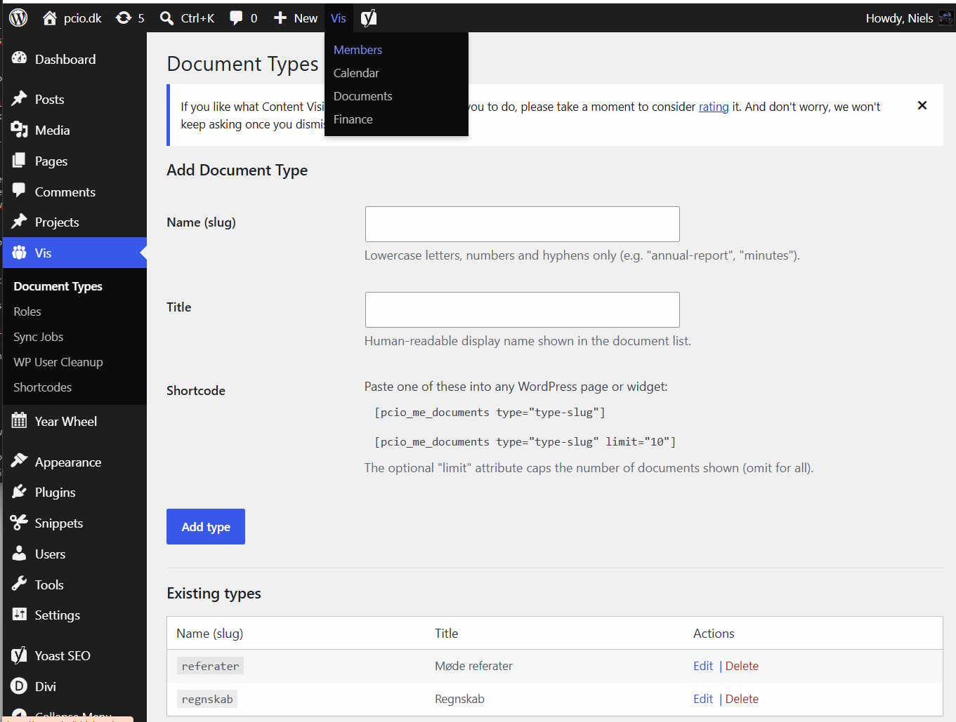 Vis admin menues in WordPress admin section.