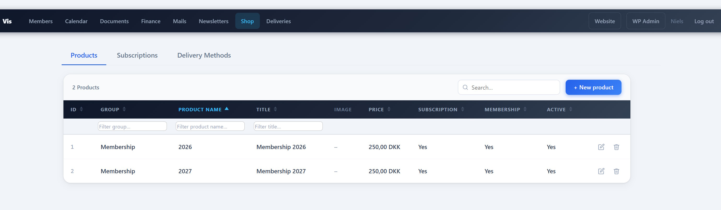 The product page where products can be maintained. Single purchase or subscription products.