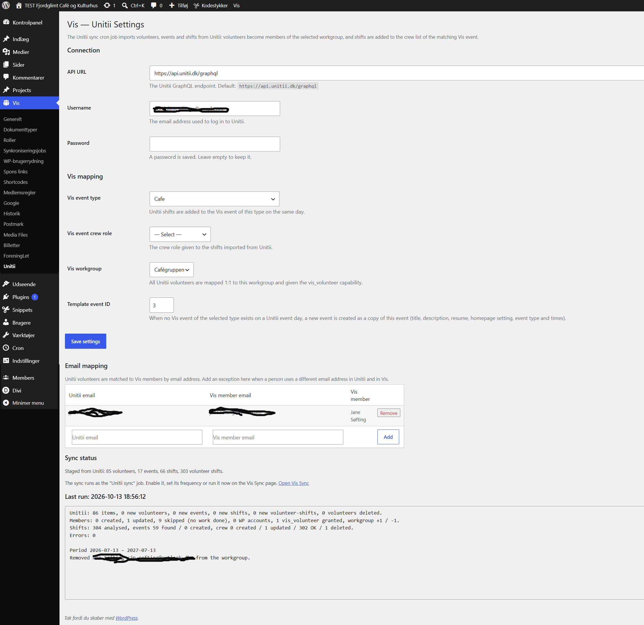 WP Admin Vis menu page to configure the import of Unitii events, volunteers and shifts