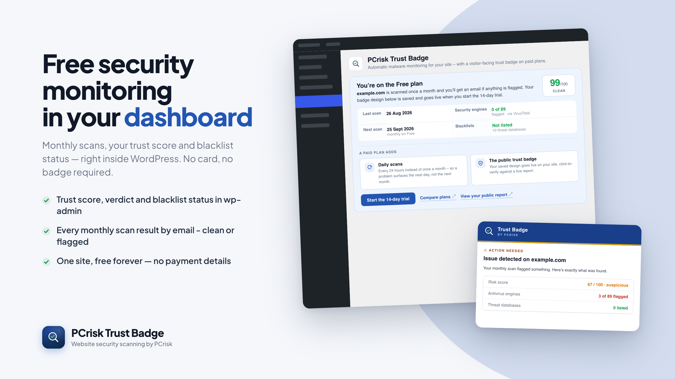 Free plan: your trust score, verdict and blacklist status right in your WordPress admin - no card, and nothing shown on your site.