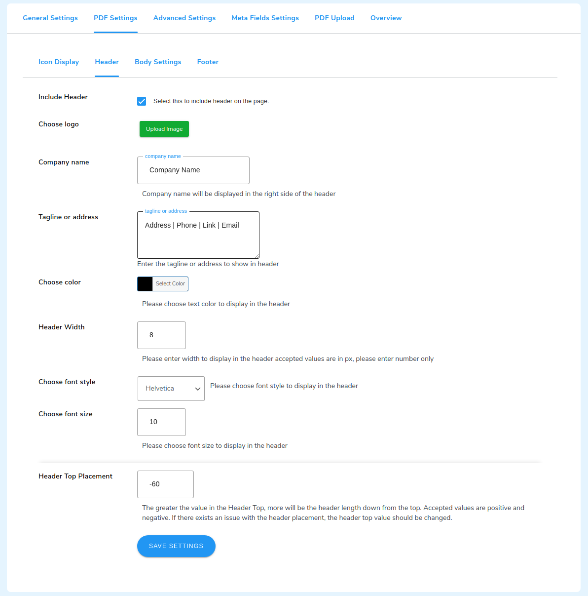 PDF Header setting