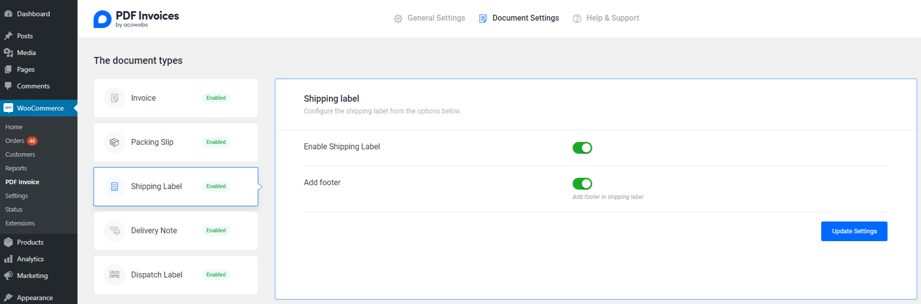 Shipping Label Settings