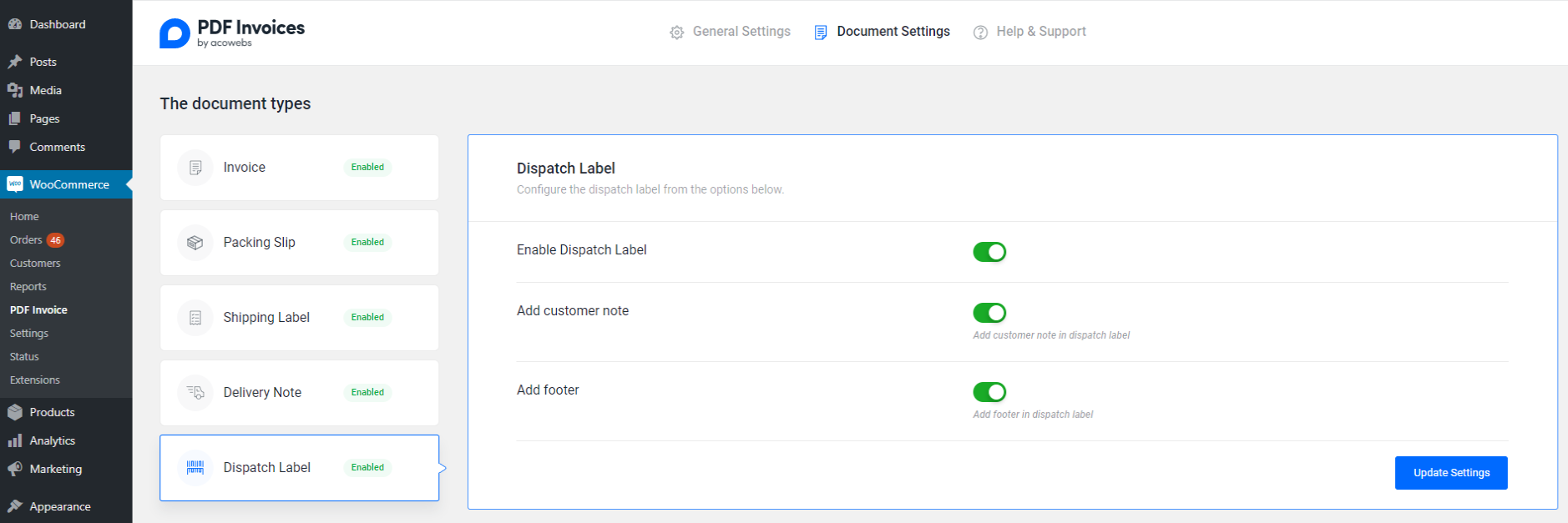 Dispatch Label Settings