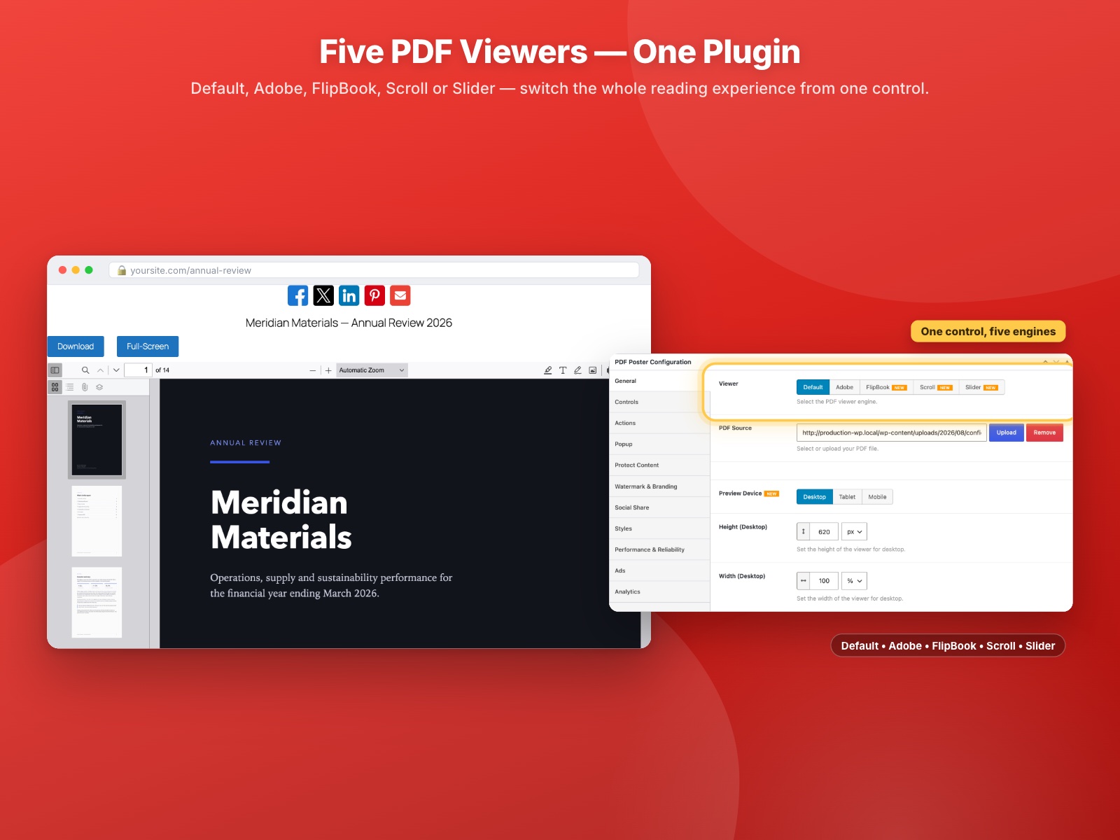 Five PDF viewers in one plugin - Default, Adobe, FlipBook, Scroll or Slider, switched from a single control.