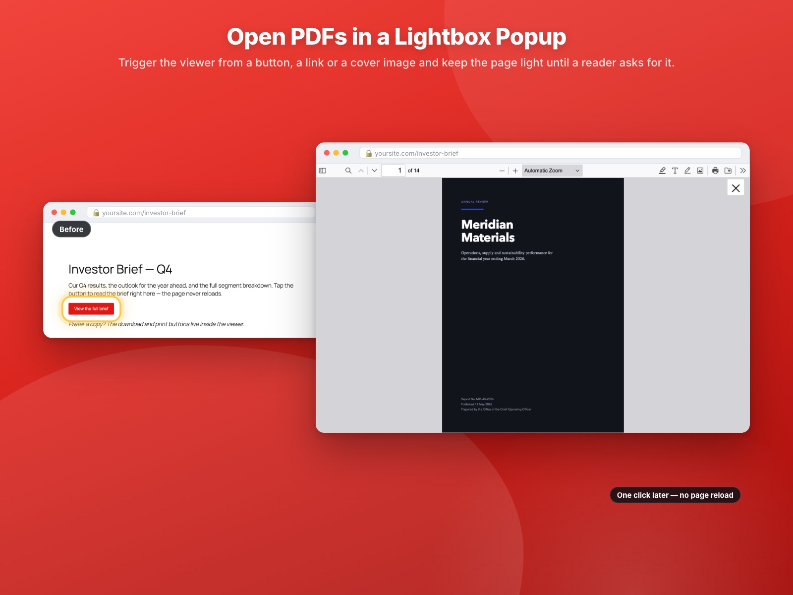 Lightbox popup viewer, triggered from a button, a link or a cover image, with no page reload.