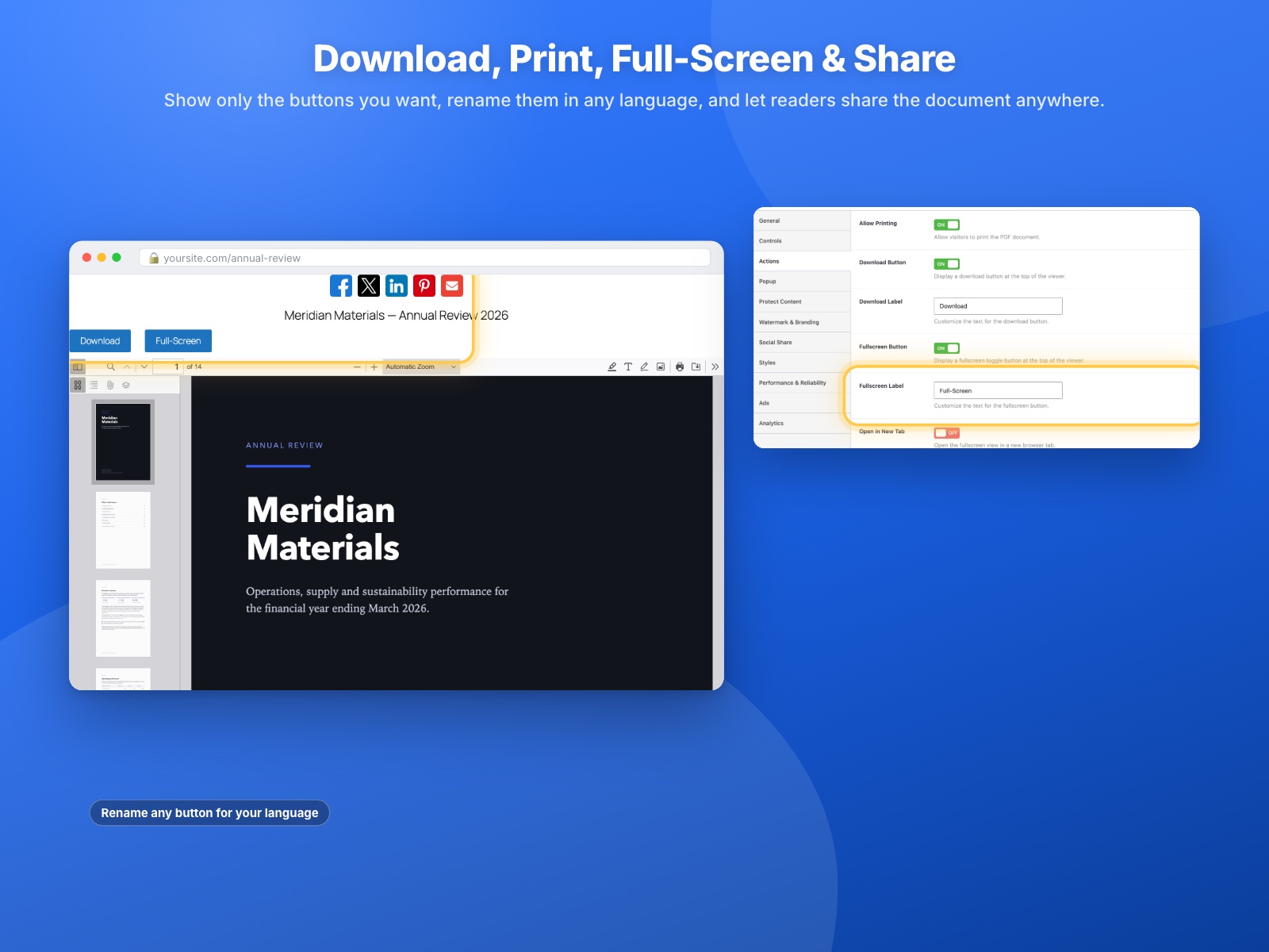 Download, print, full-screen and social share buttons - each one optional and renameable for your language.