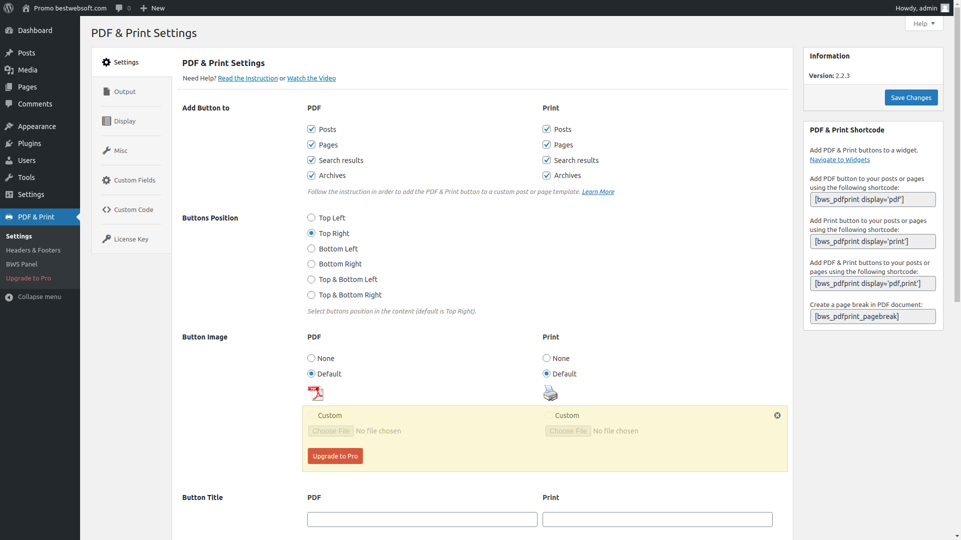 Settings page (Settings tab) for the PDF&Print in admin panel.