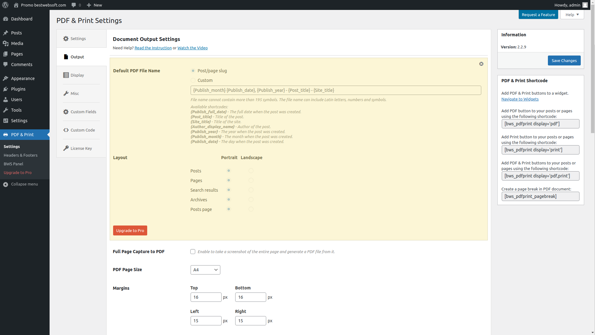 Settings page (Output tab) for the PDF&Print in admin panel.