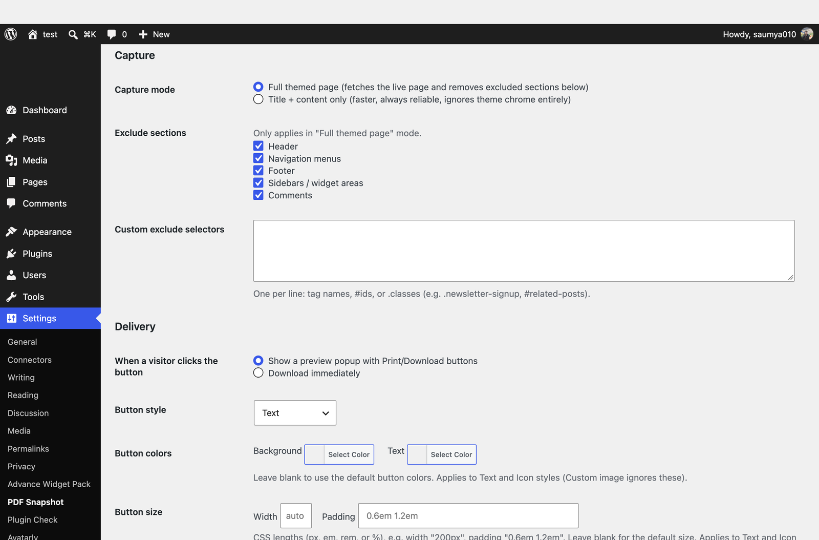 Settings screen — Capture and section-exclusion options.