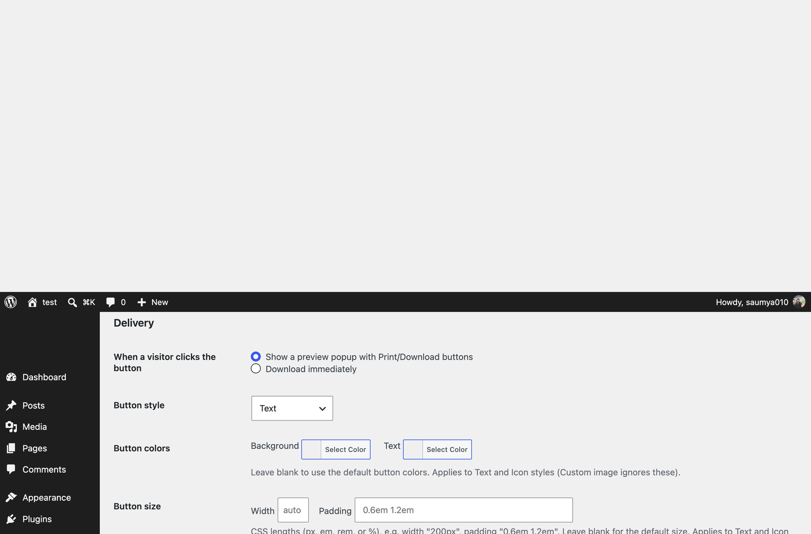 Settings screen — Delivery and layout options.