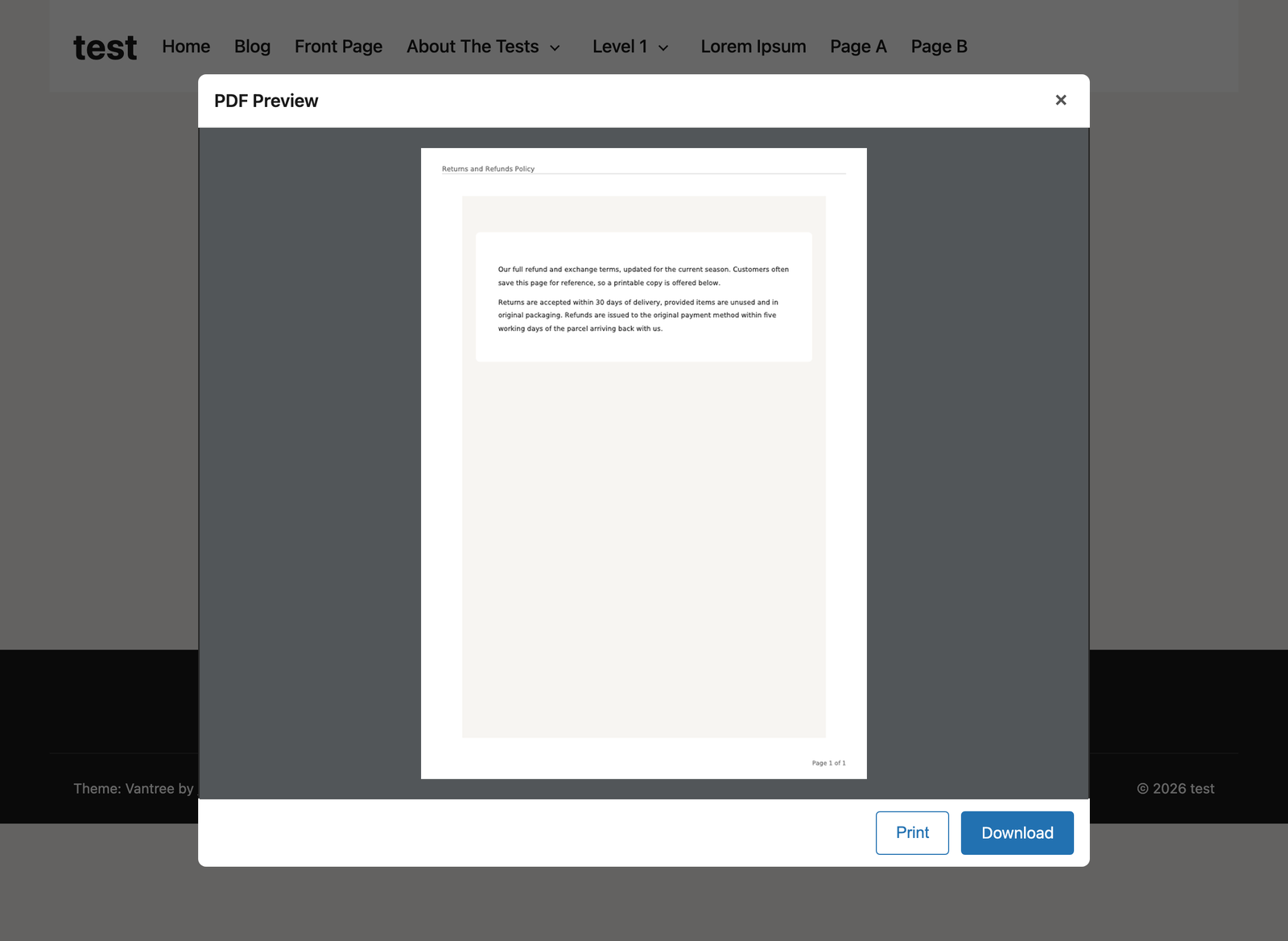 Front-end preview popup with Print/Download actions.